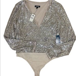 EXPRESS SEQUIN DEEP V-NECK THONG BODYSUIT